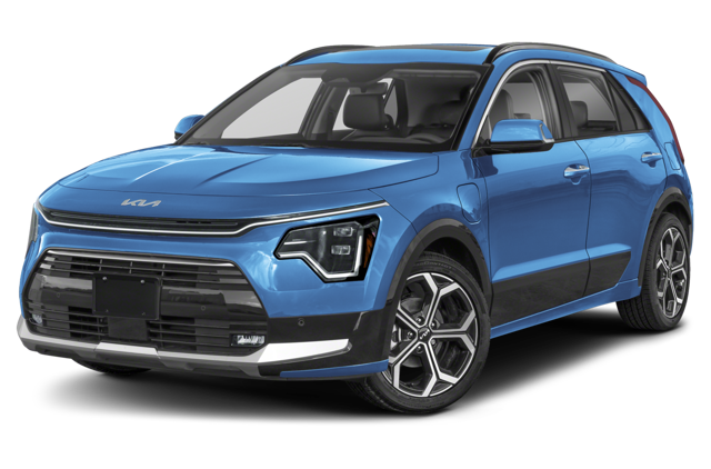 Front drivers side view of a light blue 2025 Kia Niro Plug-In Hybrid crossover SUV