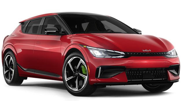 Front passenger side view of a red 2025 Kia EV6