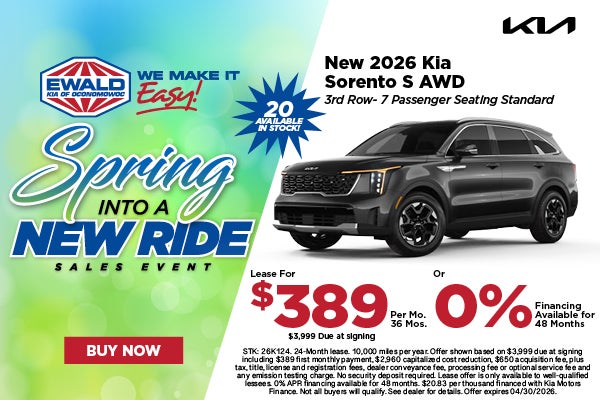 2026 Kia Sorento S Lease for $389 or 0% APR