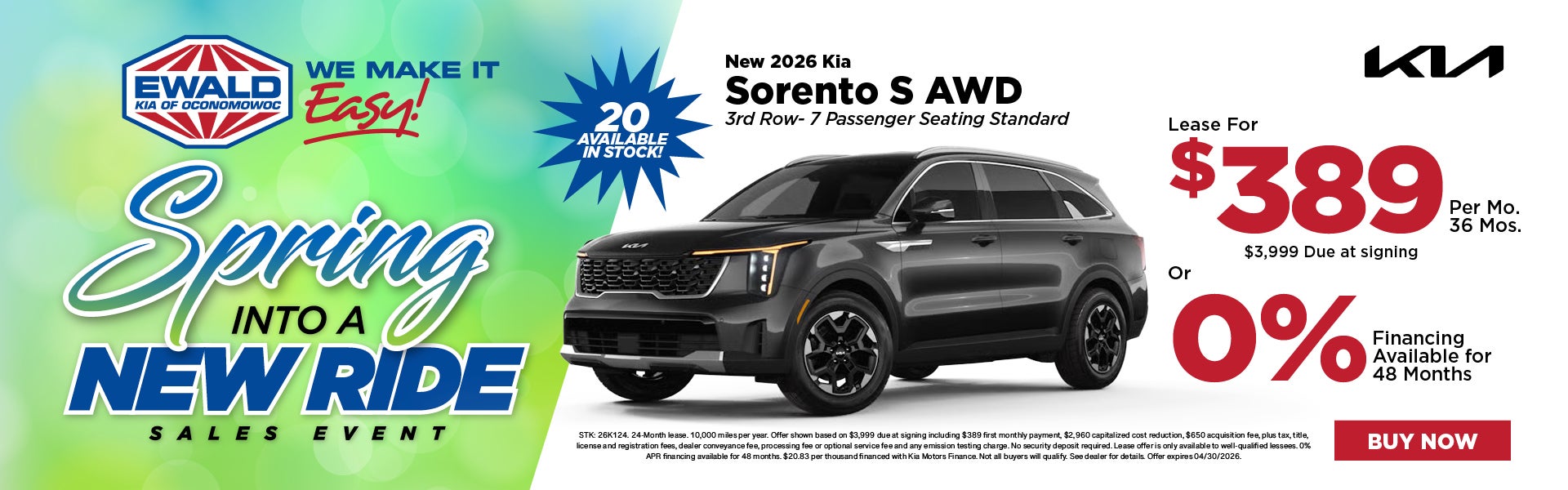2026 Kia Sorento S Lease for $389 or 0% APR