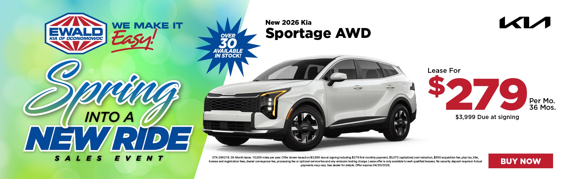 2026 Kia Sportage Lease for $279 per mo