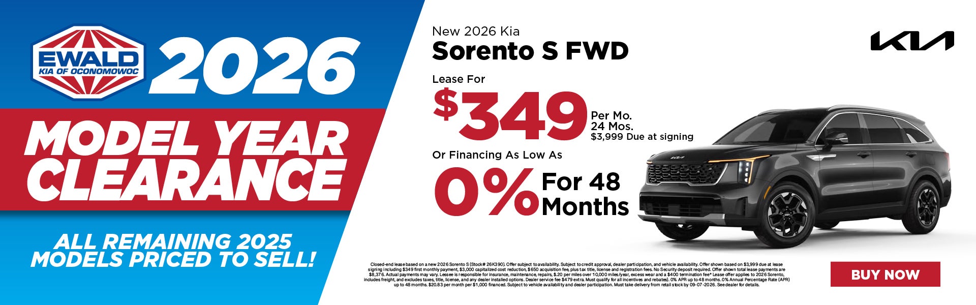 2026 Kia Sorento S Lease $349 or 0% APR for 48 months 