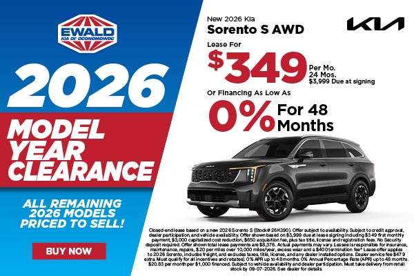 2026 Kia Sorento S Lease $349 or 0% APR for 48 months 