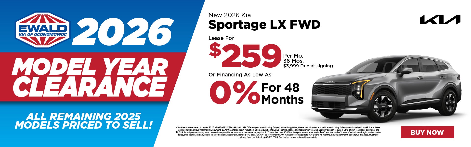 2026 Kia Sportage LX Lease $259 or 0% APR for 48 months