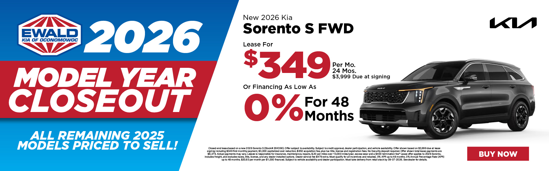 2026 Kia Sorento S Lease $349 or 0% APR for 48 months 