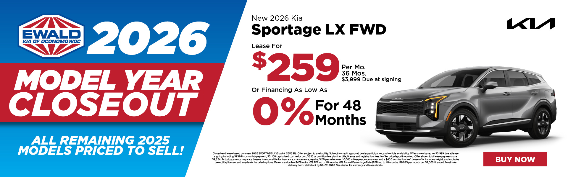 2026 Kia Sportage LX Lease $259 or 0% APR for 48 months