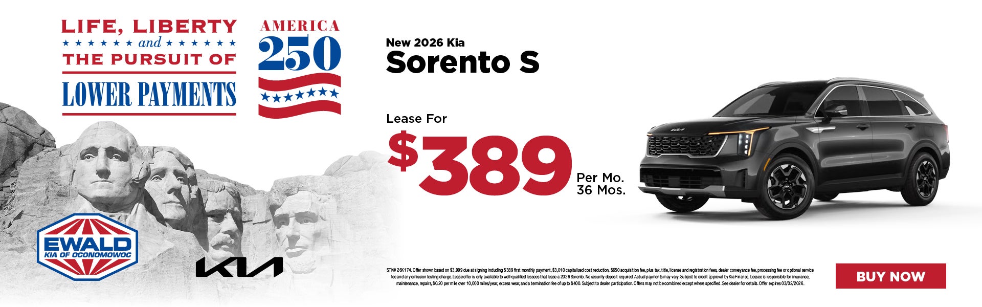 2026 Kia Sorento Lease for $389