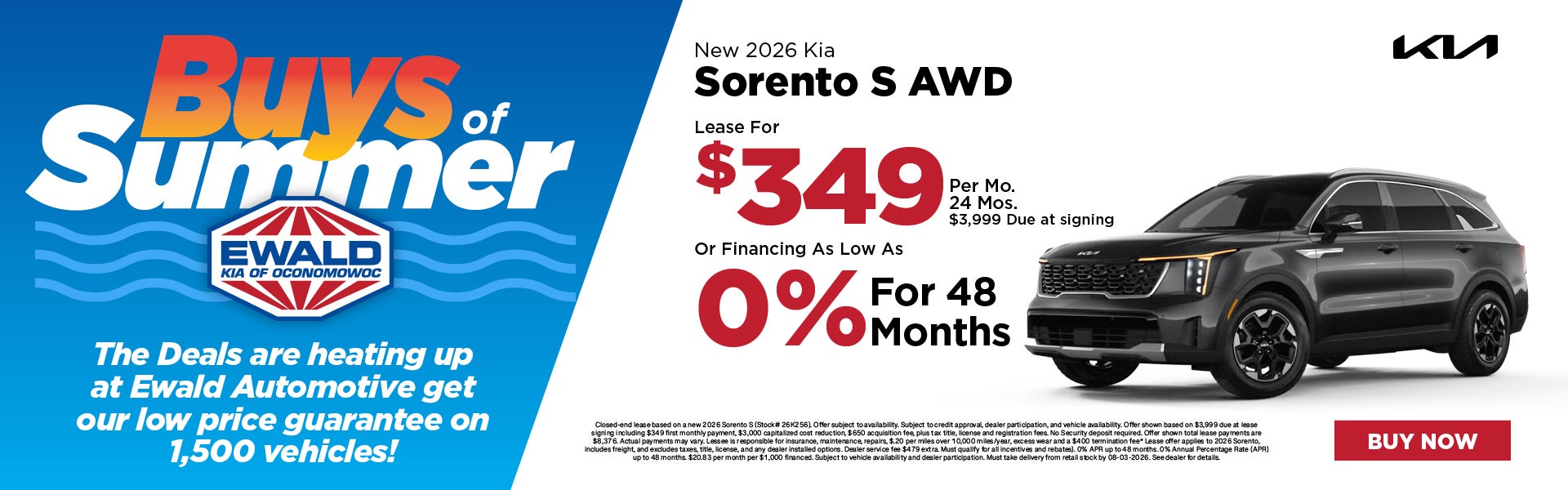 2026 Kia Sorento S AWD Lease $349 or 0% APR for 48