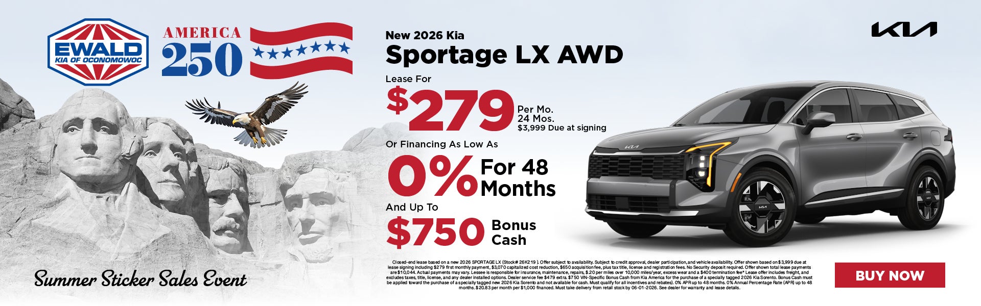 2026 Kia Sportage Lease $279 or 0% and up to $750 Bonus Cash
