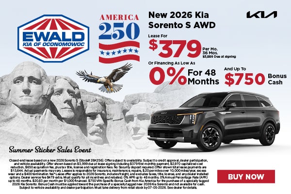 2026 Kia Sorento S AWD Lease $379 or 0% and $750 Bonus Cash