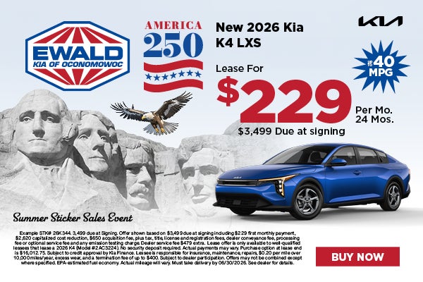 2026 Kia K4 LXS Lease $229 for 24 months