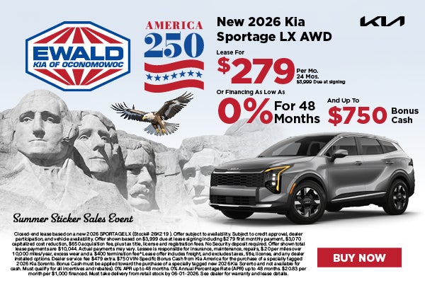 2026 Kia Sportage Lease $279 or 0% and up to $750 Bonus Cash
