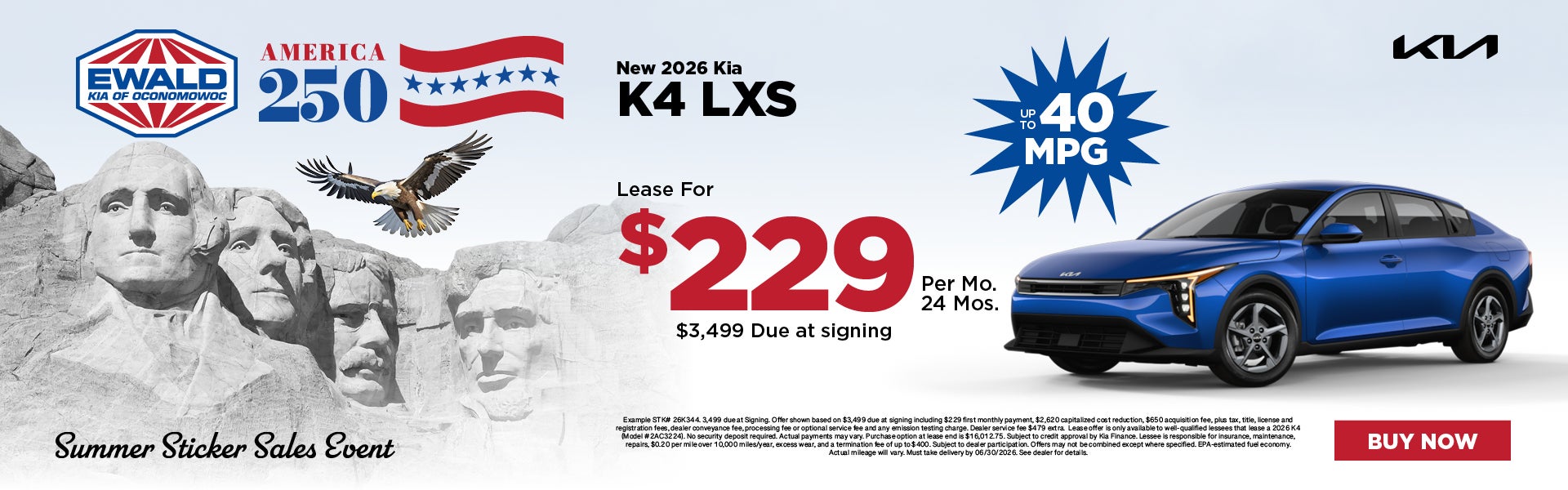 2026 Kia K4 LXS Lease $229 for 24 months