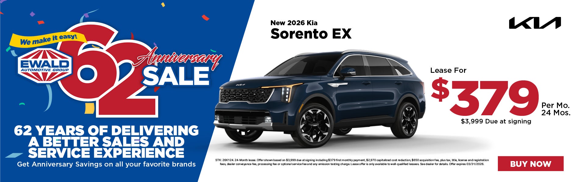 2026 Kia Sorento EX lease for $379