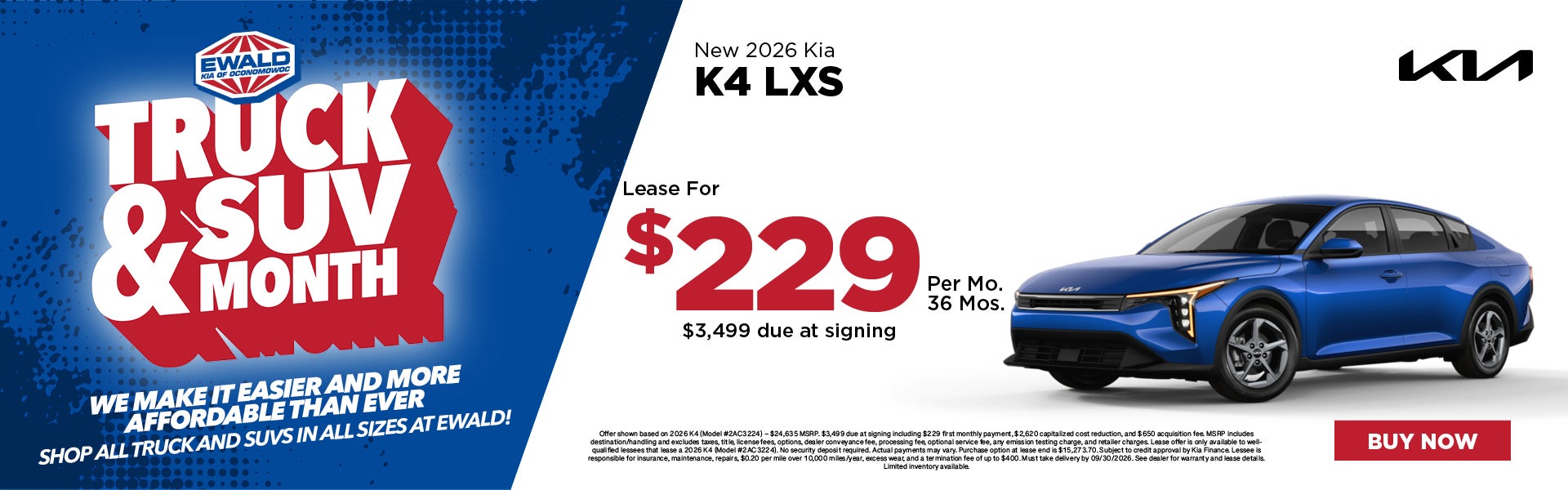 2026 Kia K4 LXS Lease for $229