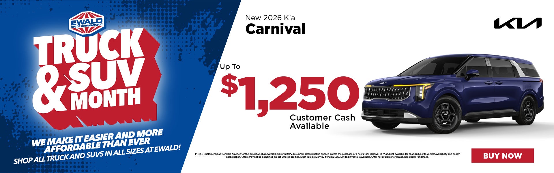 2026 Kia Carnival up to $1,250 Customer Cash 