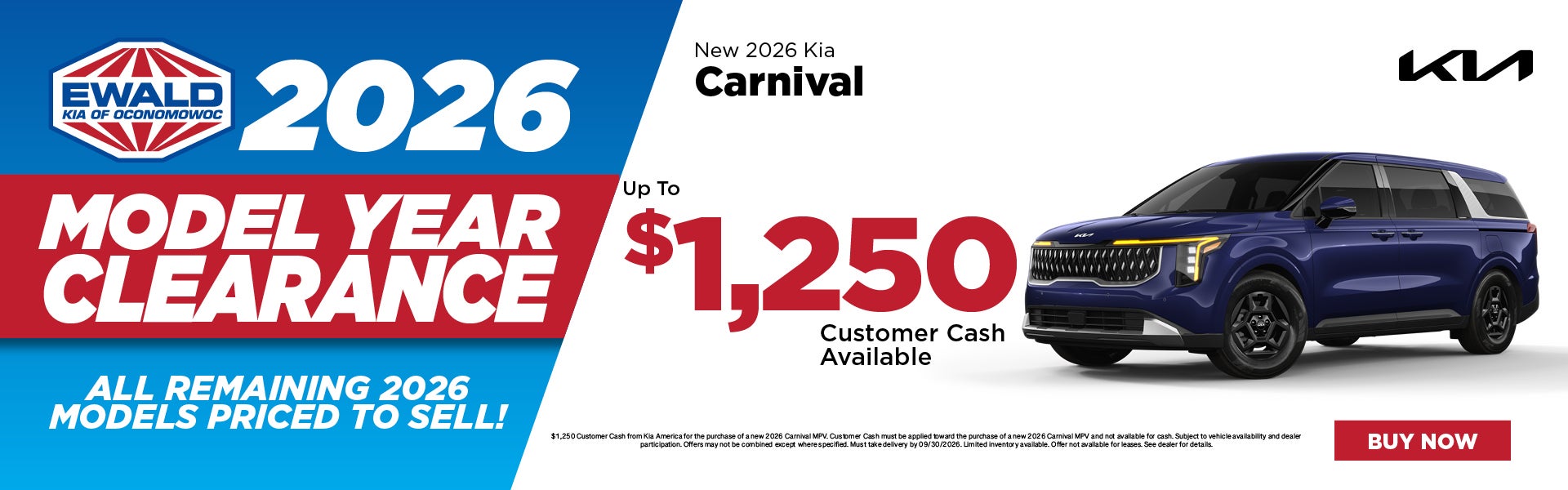 2026 Kia Carnival up to $1,250 Customer Cash