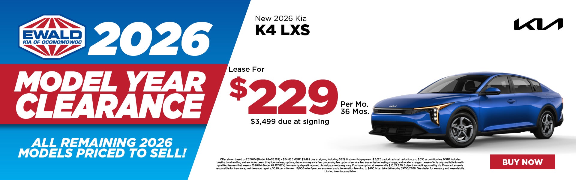 2026 Kia K4 LXS Lease $229